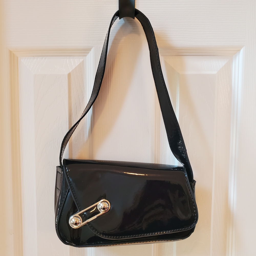 Y2K Black Patent Leather Baguette Bag Safety Pin Buckle